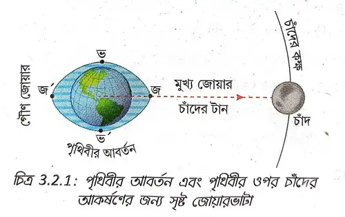 পৃথিবীর আবর্তন এবং পৃথিবীর ওপর চাঁদের আকর্ষণের জন্য সৃষ্ট জোয়ারভাটা।