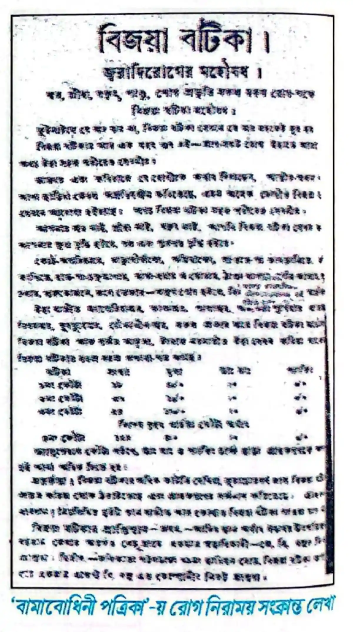 বামাবোধিনী পত্রিকায় রোগ নিরাময় সংক্রান্ত লেখা।