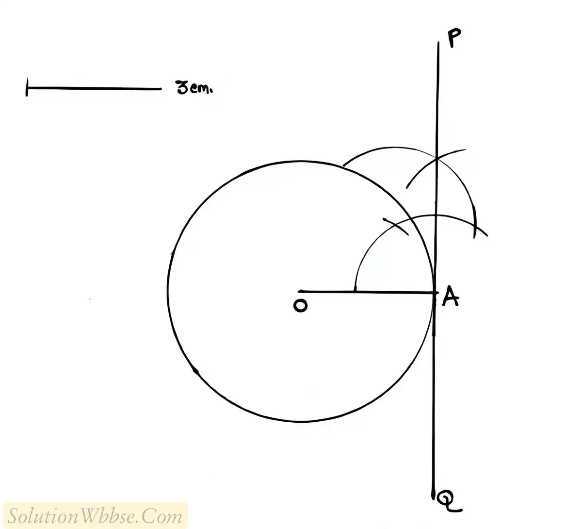 3 সেমি ব্যাসার্ধের একটি বৃত্ত অঙ্কন কর। বৃত্তের উপর A বিন্দুতে স্পর্শক অঙ্কন কর