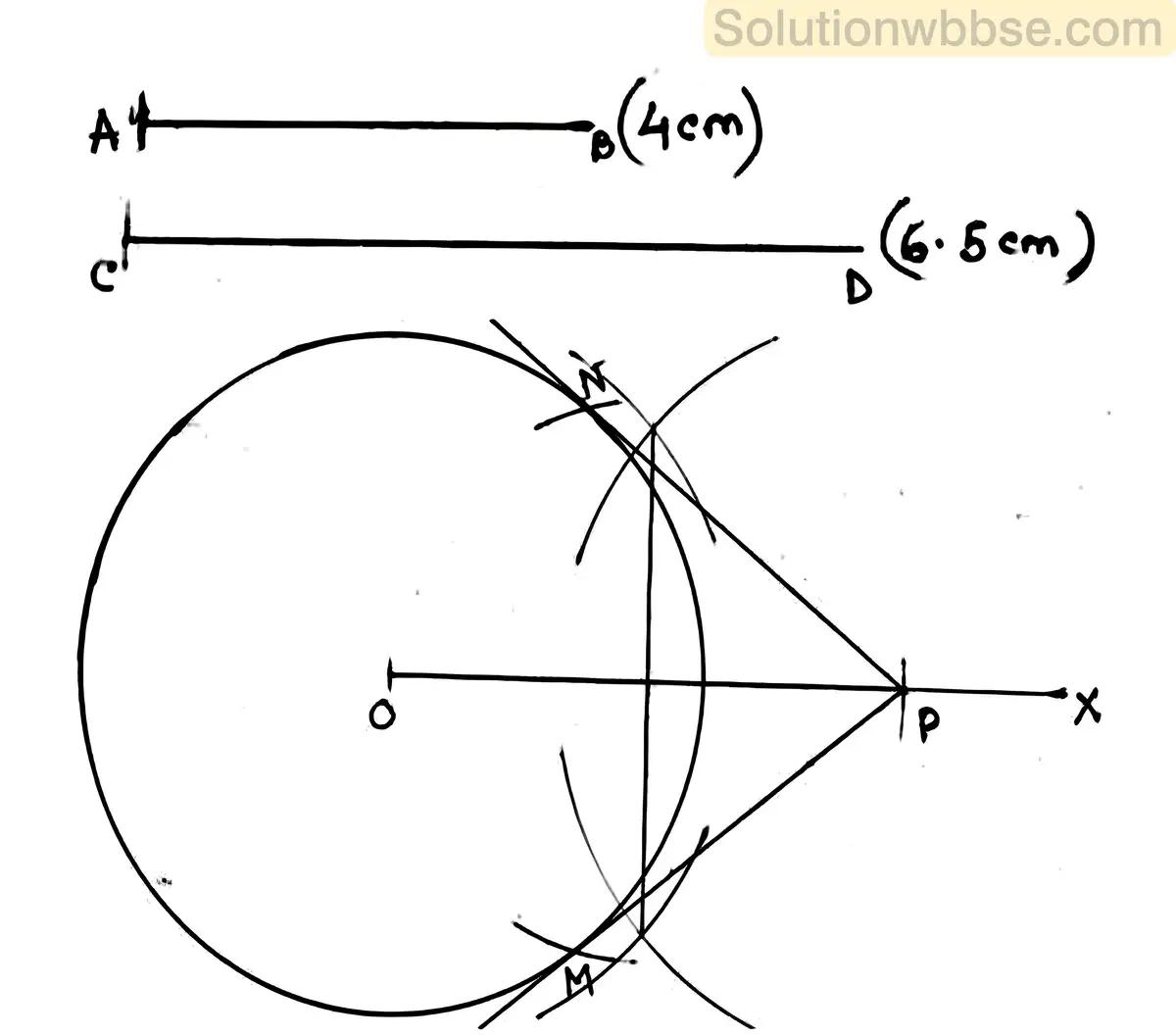 4 সেমি ব্যাসার্ধ বিশিষ্ট একটি বৃত্ত অঙ্কন করো। বৃত্তের কেন্দ্র থেকে 6.5 সেমি দূরে কোনো বহিঃস্থ বিন্দু থেকে ঐ বৃত্তের দুটি স্পর্শক অঙ্কন করো।
