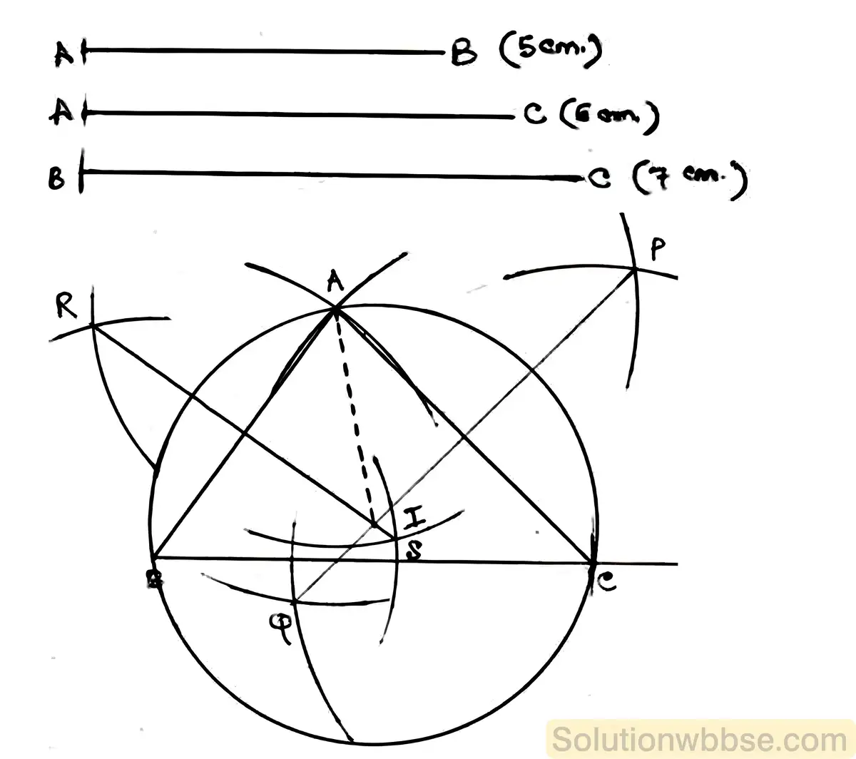 ABC একটি ত্রিভুজ অঙ্কন করো যার BC = 7 সেমি, AB = 5 সেমি এবং AC = 6 সেমি। ABC ত্রিভুজটির পরিবৃত্ত অঙ্কন করো।