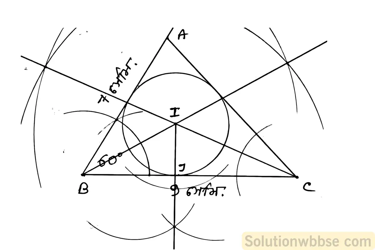 একটি ত্রিভুজ অঙ্কন করো যার দুটি বাহুর দৈর্ঘ্য 9 সেমি 7 সেমি এবং তাদের অন্তর্ভুক্ত কোণ 60°; ত্রিভুজটির অন্তবৃত্ত অঙ্কন করো। 