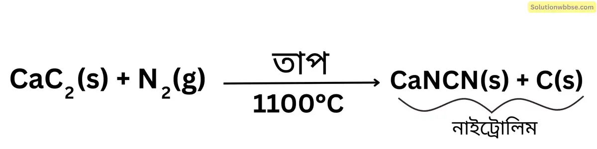 1100°C উষ্ণতায় উত্তপ্ত ক্যালশিয়াম কার্বাইড এর ওপর দিয়ে নাইট্রোজেন গ্যাস চালনা করলে কী ঘটে সমিত রাসায়নিক সমীকরণ সহ লেখো।