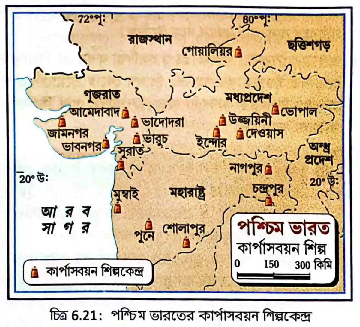 পশ্চিম ভারতে কার্পাস বয়ন শিল্পের অধিক উন্নতির কারণগুলি ব্যাখ্যা করো।