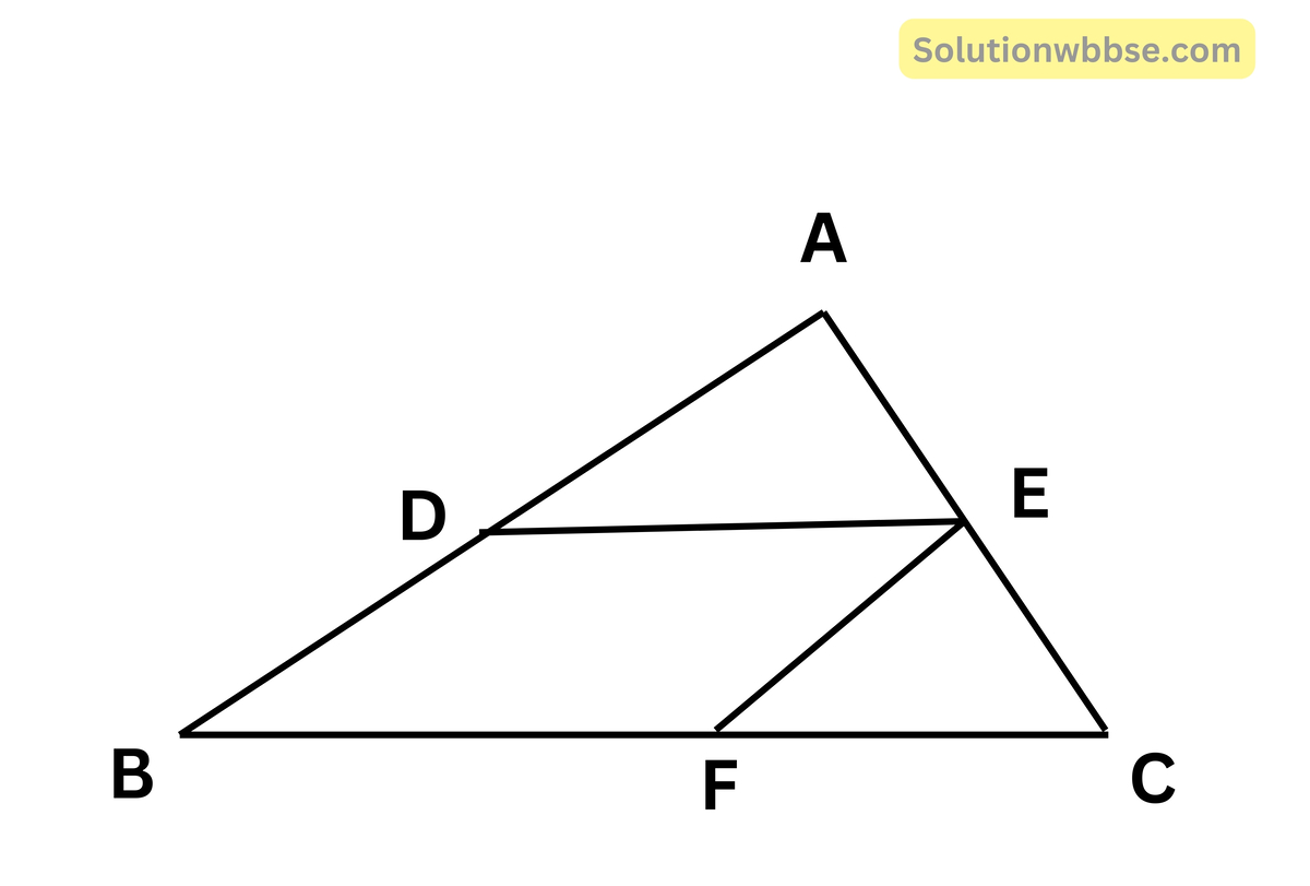 প্রমাণ করব যে, ত্রিভুজের যে কোনো দুটি বাহুর মধ্যবিন্দুদ্বয়ের সংযোজক সরলরেখাংশ তৃতীয় বাহুর সমান্তরাল ও অর্ধেক।