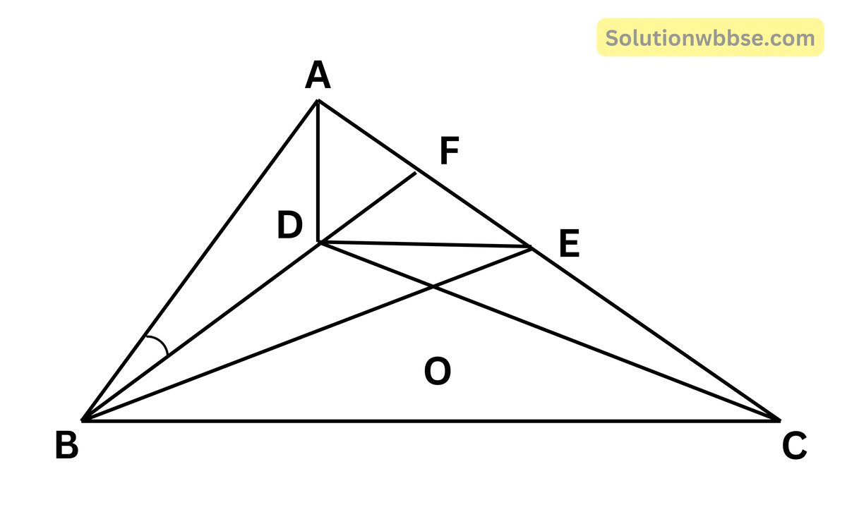 ABC ত্রিভুজের ∠ABC -এর সমদ্বিখন্ডকের উপর AD লম্ব। D বিন্দু দিয়ে BC বাহুর সমান্তরাল সরলরেখাংশ DE টানা হল যা AC বাহুকে E বিন্দুতে ছেদ করে। প্রমাণ করি যে, AE = EC