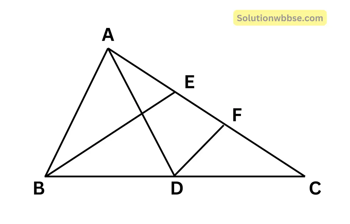 ABC ত্রিভুজের AD এবং BE মধ্যমা এবং BE -এর সমান্তরাল সরলরেখা DF, AC বাহুর সাথে F বিন্দুতে মিলিত হয়। AC বাহুর দৈর্ঘ্য 8 সেমি হলে CF বাহুর দৈর্ঘ্য কত তা লিখি।