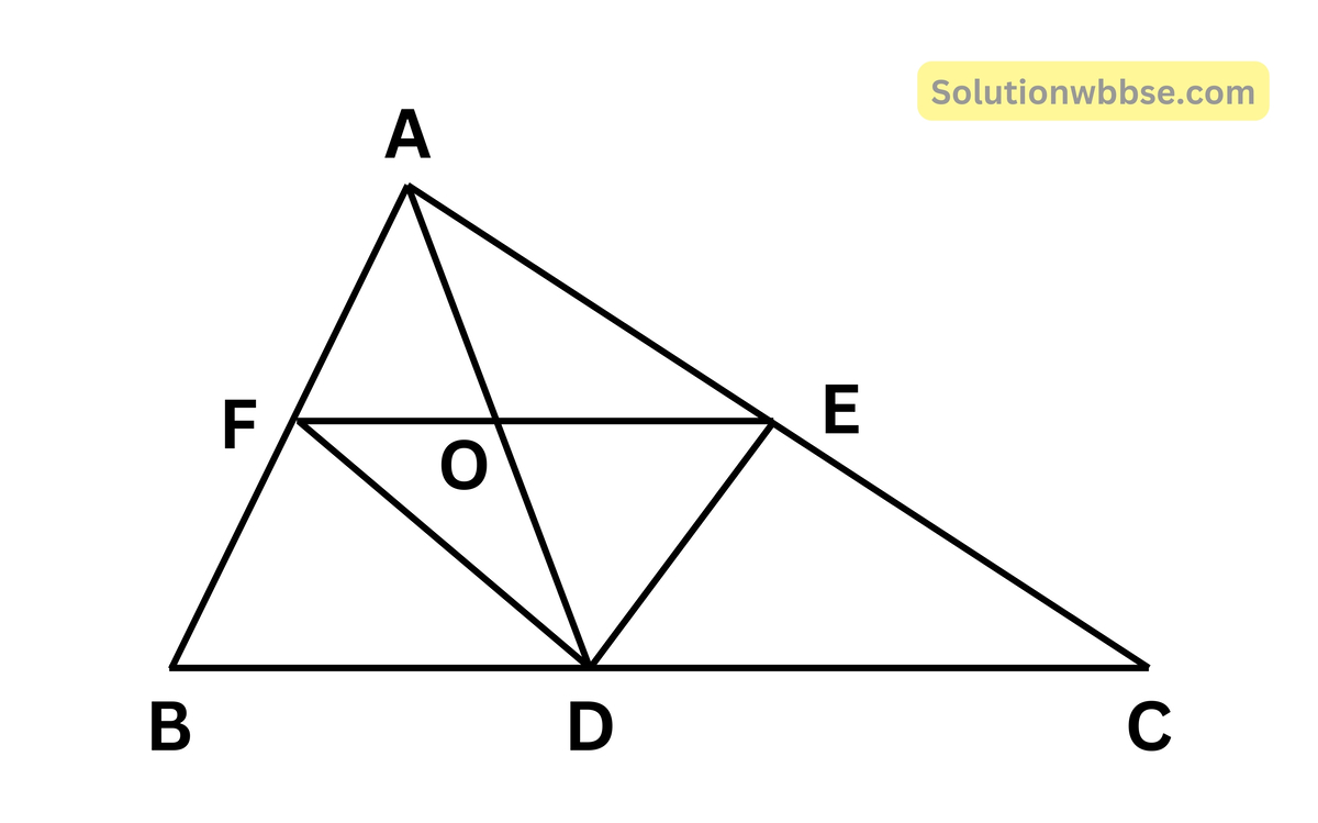 ABC ত্রিভুজের BC, CA ও AB বাহুর মধ্যবিন্দু যথাক্রমে D, E ও F; EF, AD -কে O বিন্দুতে ছেদ করে। AD = 6 সেমি. হলে, AO -এর দৈর্ঘ্য কত তা লিখি।