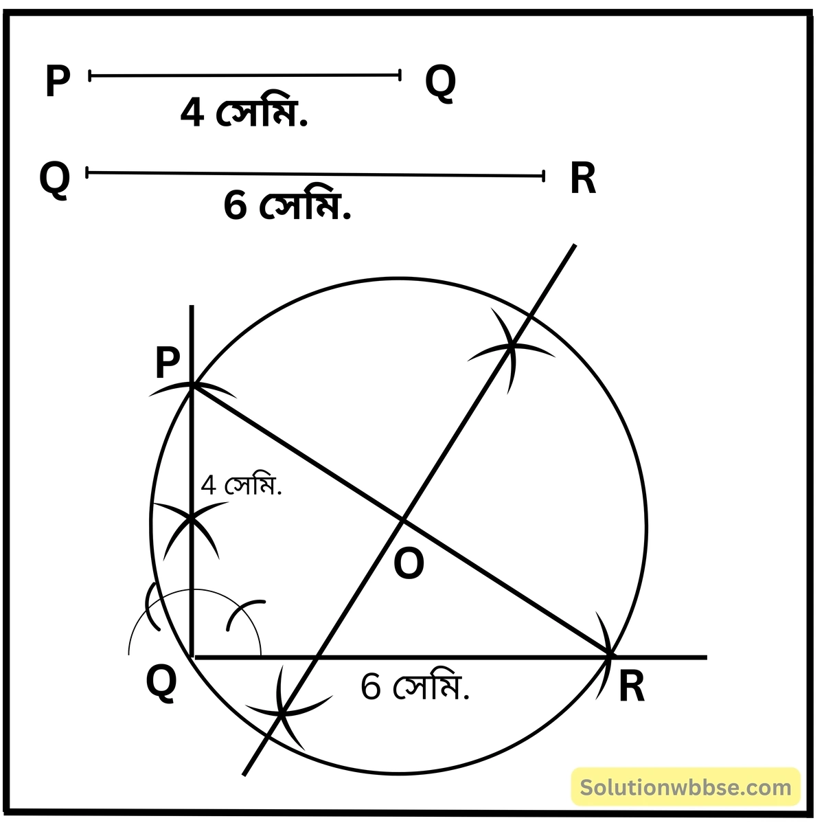 মাধ্যমিক গণিত - সম্পাদ্য : ত্রিভুজের পরিবৃত্ত ও অন্তবৃত্ত অঙ্কন - কষে দেখি - 11.1 12 একটি আয়তক্ষেত্র PQRS অঙ্কন করি যার PQ = 4 সেমি. এবং QR = 6 সেমি.। আয়তক্ষেত্রের কর্ণদুটি অঙ্কন করি এবং অঙ্কন না করে ∆PQR -এর পরিকেন্দ্র কোথায় হবে এবং পরিব্যাসার্ধের দৈর্ঘ্য কত হবে হিসাব করে লিখি।
∆PQR -এর পরিবৃত্ত অঙ্কন করে যাচাই করি।