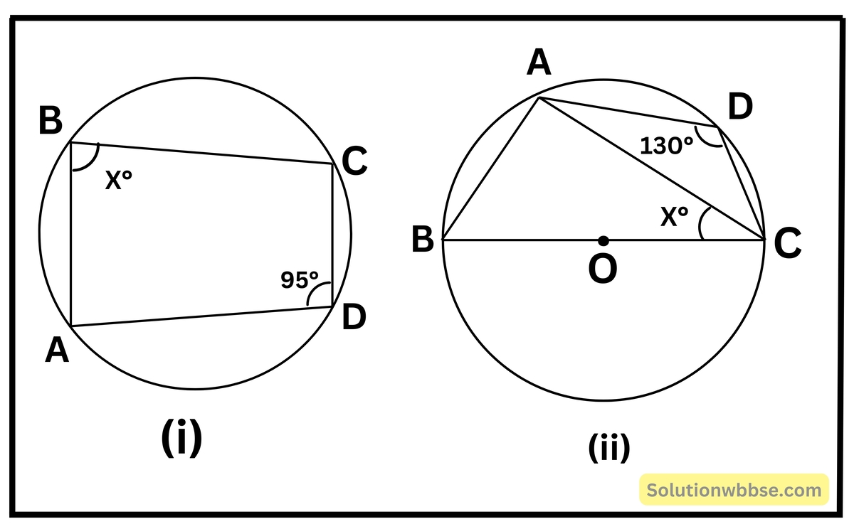মাধ্যমিক গণিত - বৃত্তস্থ চতুর্ভুজ সংক্রান্ত উপপাদ্য - প্রয়োগ 3 O কেন্দ্রীয় বৃত্তের ছবি দেখি এবং প্রতিক্ষেত্রে x -এর মান হিসাব করে লিখি।