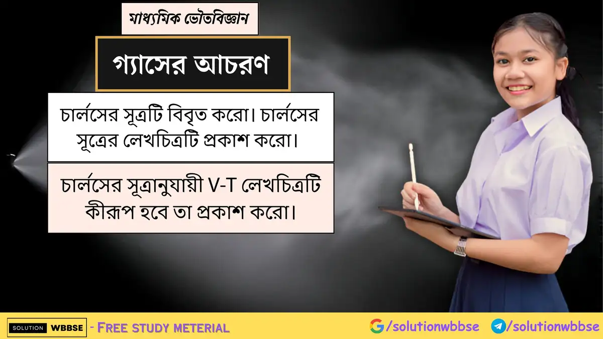 চার্লসের সূত্রটি বিবৃত করো। চার্লসের সূত্রানুযায়ী V-T লেখচিত্র 1 চার্লসের সূত্রটি বিবৃত করো। চার্লসের সূত্রের লেখচিত্রটি প্রকাশ করো। চার্লসের সূত্রানুযায়ী V-T লেখচিত্রটি কীরূপ হবে তা প্রকাশ করো।