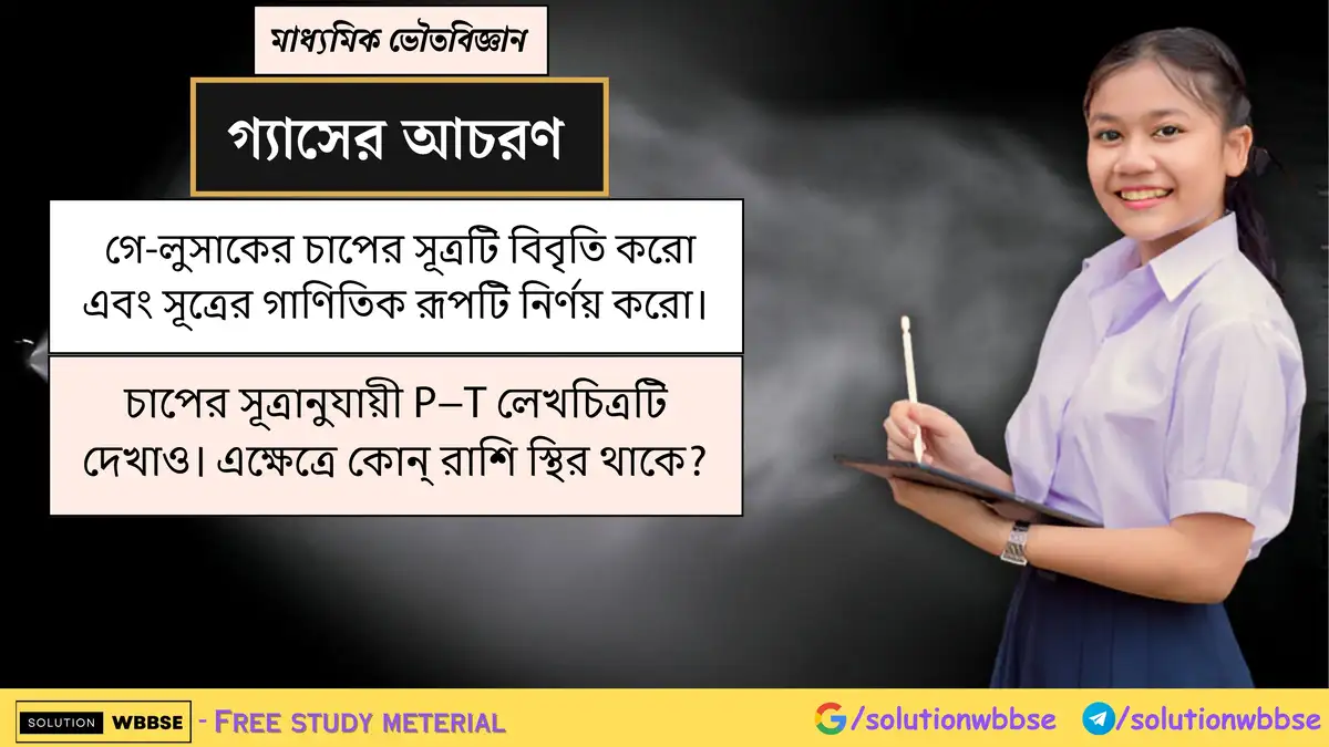 গে-লুসাকের চাপের সূত্রটি বিবৃতি করো এবং সূত্রের গাণিতিক রূপটি নির্ণয় করো। চাপের সূত্রানুযায়ী P−T লেখচিত্রটি দেখাও। এক্ষেত্রে কোন্ রাশি স্থির থাকে?