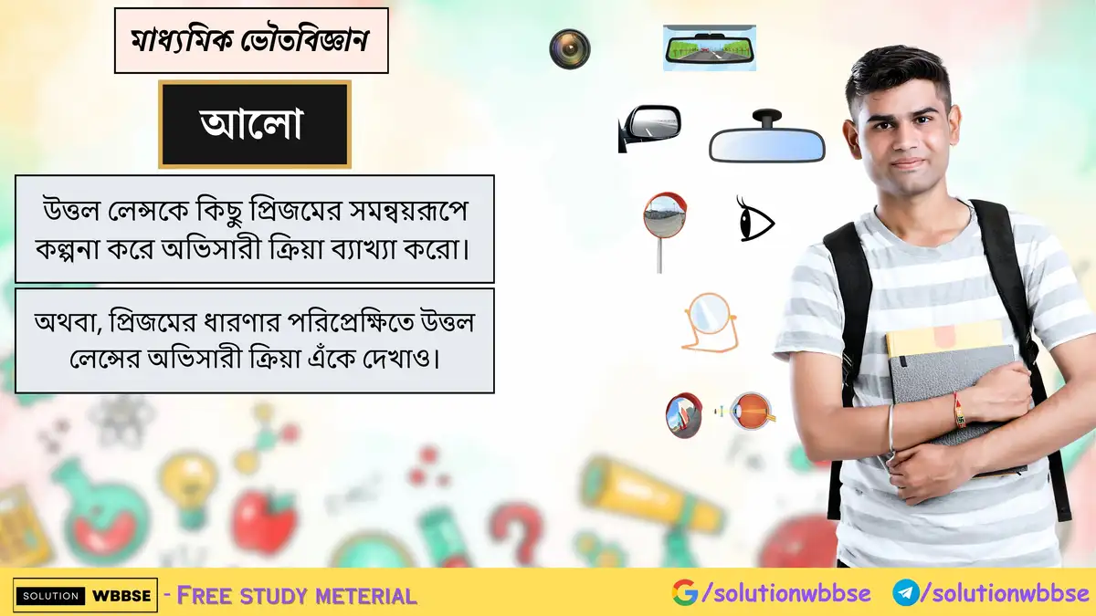 উত্তল লেন্সকে কিছু প্রিজমের সমন্বয়রূপে কল্পনা করে অভিসারী ক্রিয়া ব্যাখ্যা করো। অথবা, প্রিজমের ধারণার পরিপ্রেক্ষিতে উত্তল লেন্সের অভিসারী ক্রিয়া এঁকে দেখাও।