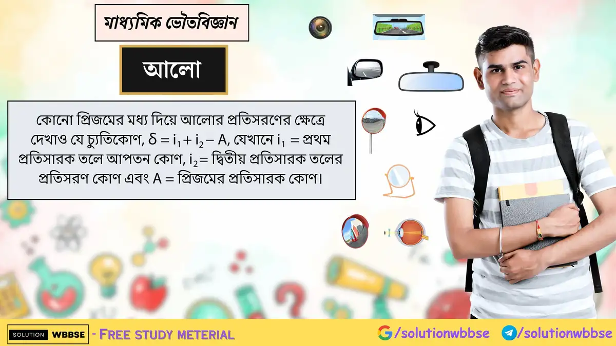 কোনো প্রিজমের মধ্য দিয়ে আলোর প্রতিসরণের ক্ষেত্রে দেখাও যে চ্যুতিকোণ, δ = i1 + i2 − A, যেখানে i1 = প্রথম প্রতিসারক তলে আপতন কোণ, i2 = দ্বিতীয় প্রতিসারক তলের প্রতিসরণ কোণ এবং A = প্রিজমের প্রতিসারক কোণ।