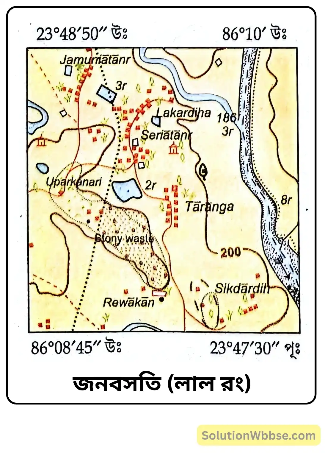 ভূবৈচিত্র্যসূচক মানচিত্রের বৈশিষ্ট্যগুলি ব্যাখ্যা করো। 2 জনবসতি (লাল রং)