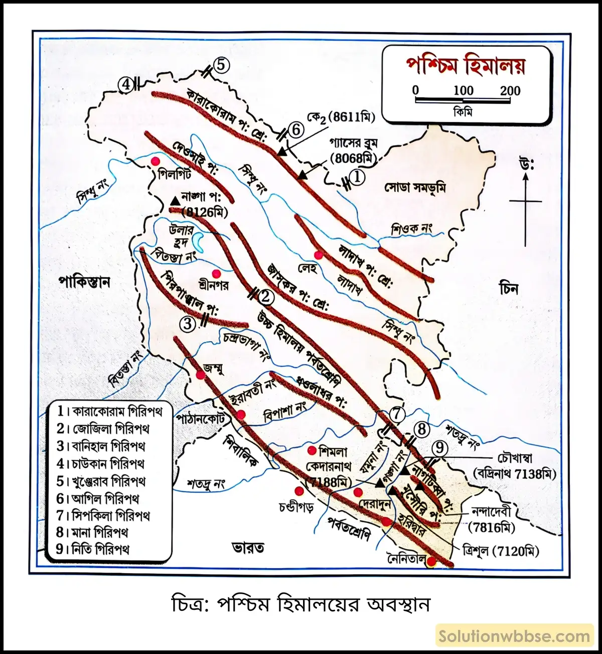 মাধ্যমিক ভূগোল - ভারতের প্রাকৃতিক পরিবেশ - ভারতের ভূপ্রকৃতি - দীর্ঘধর্মী প্রশ্ন ও উত্তর 5 পশ্চিম হিমালয়ের অবস্থান