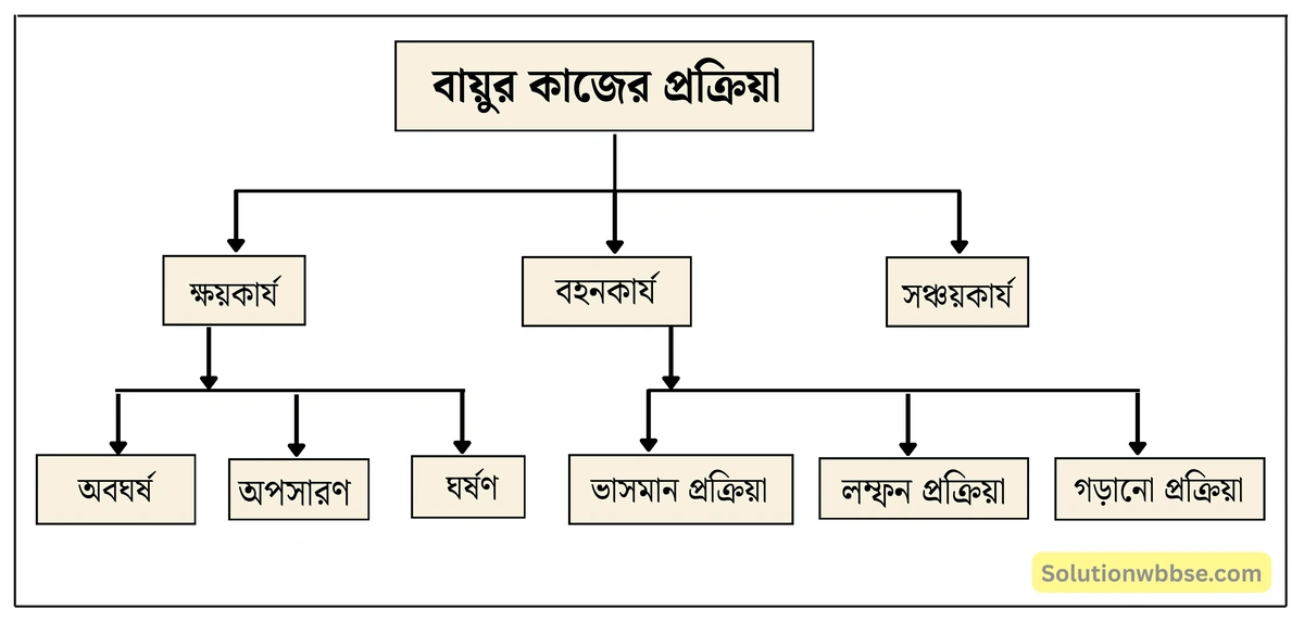 মাধ্যমিক ভূগোল - বহির্জাত প্রক্রিয়া ও তাদের দ্বারা সৃষ্ট ভূমিরূপ - বায়ুর বিভিন্ন কাজ দ্বারা সৃষ্ট ভূমিরূপ - দীর্ঘধর্মী প্রশ্ন ও উত্তর 14 বায়ুর কাজের প্রক্রিয়া