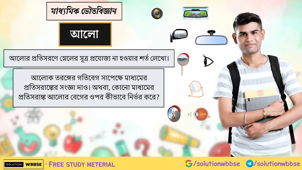 আলোর প্রতিসরণে স্নেলের সূত্র প্রযোজ্য না হওয়ার শর্ত লেখো। আলোক তরঙ্গের গতিবেগ সাপেক্ষে মাধ্যমের প্রতিসরাঙ্কের সংজ্ঞা দাও।