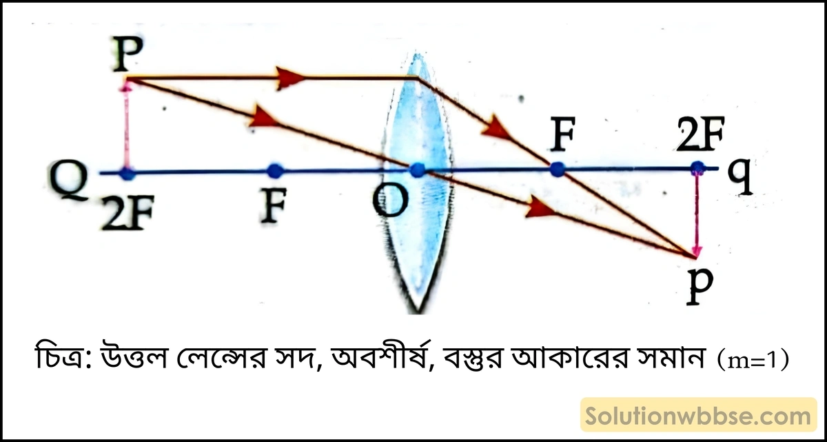 উত্তল লেন্সের সদ, অবশীর্ষ, বস্তুর আকারের সমান (m=1)