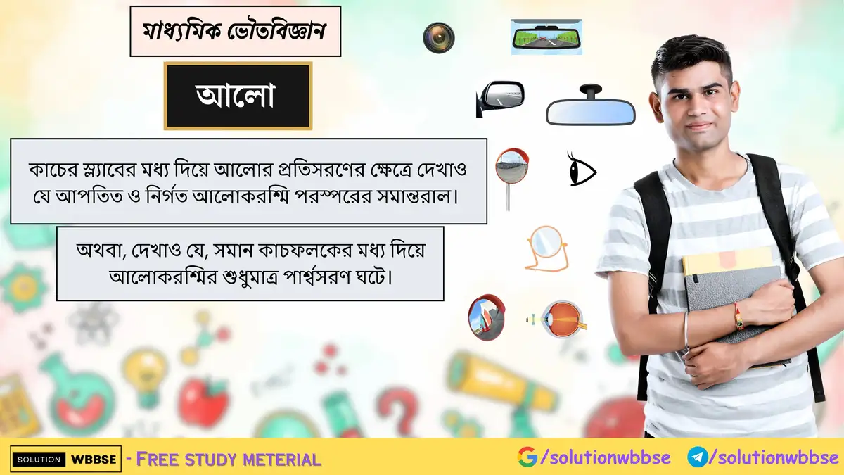 কাচের স্ল্যাবের মধ্য দিয়ে আলোর প্রতিসরণের ক্ষেত্রে দেখাও যে আপতিত ও নির্গত আলোকরশ্মি পরস্পরের সমান্তরাল। অথবা, দেখাও যে, সমান কাচফলকের মধ্য দিয়ে আলোকরশ্মির শুধুমাত্র পার্শ্বসরণ ঘটে।