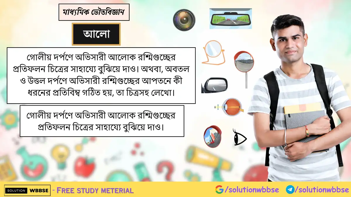 গোলীয় দর্পণে অভিসারী আলোক রশ্মিগুচ্ছের প্রতিফলন চিত্রের সাহায্যে বুঝিয়ে দাও। গোলীয় দর্পণে অপসারী আলোক রশ্মিগুচ্ছের প্রতিফলন চিত্রের সাহায্যে বুঝিয়ে দাও।