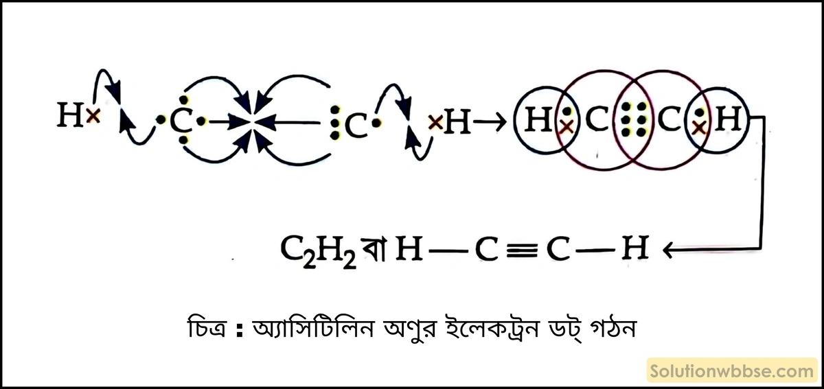 অ্যাসিটিলিন অণুর ইলেকট্রন ডট্ গঠন দেখাও। 2 অ্যাসিটিলিন অণুর ইলেকট্রন ডট্ গঠন
