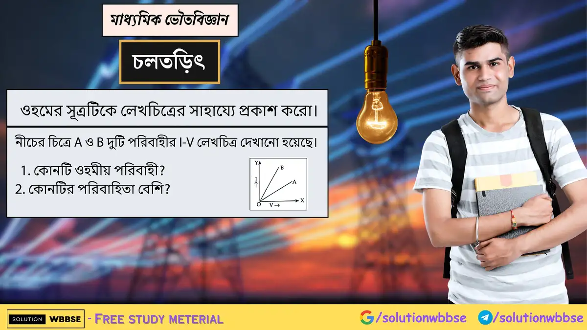ওহমের সূত্রটিকে লেখচিত্রের সাহায্যে প্রকাশ করো। 1 ওহমের সূত্রটিকে লেখচিত্রের সাহায্যে প্রকাশ করো।