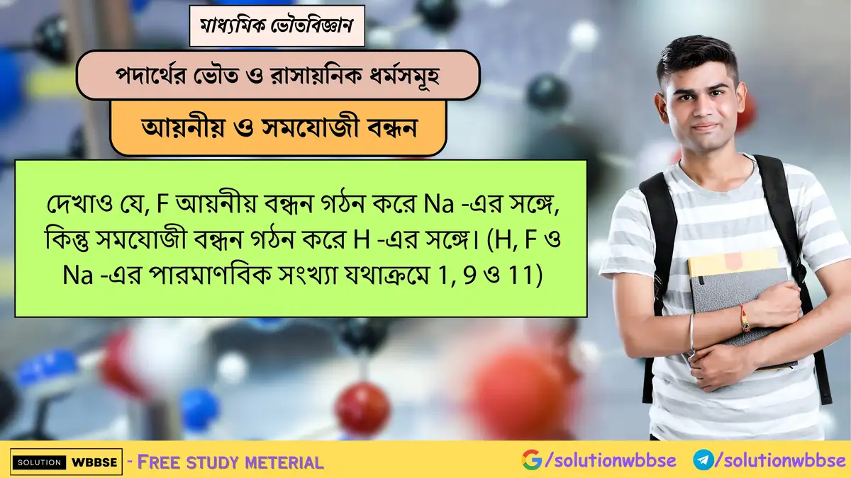 দেখাও যে, F আয়নীয় বন্ধন গঠন করে Na -এর সঙ্গে, কিন্তু সমযোজী বন্ধন গঠন করে H -এর সঙ্গে। (H, F ও Na -এর পারমাণবিক সংখ্যা যথাক্রমে 1, 9 ও 11) 1 দেখাও যে, F আয়নীয় বন্ধন গঠন করে Na -এর সঙ্গে, কিন্তু সমযোজী বন্ধন গঠন করে H -এর সঙ্গে। (H, F ও Na -এর পারমাণবিক সংখ্যা যথাক্রমে 1, 9 ও 11)