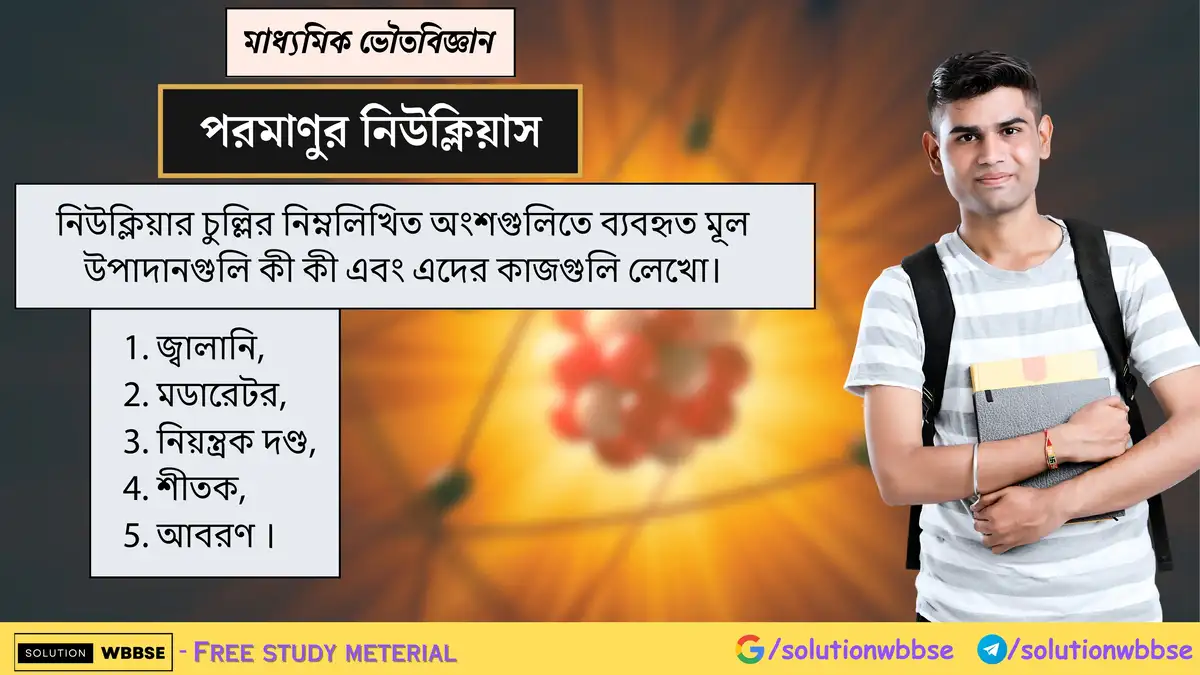 নিউক্লিয়ার চুল্লির জ্বালানি, মডারেটর, নিয়ন্ত্রক দণ্ড, শীতক ও আবরণের মূল উপাদান ও কাজ কী? 1 নিউক্লিয়ার চুল্লির বিভিন্ন অংশগুলিতে ব্যবহৃত মূল উপাদান এবং তাদের কাজ