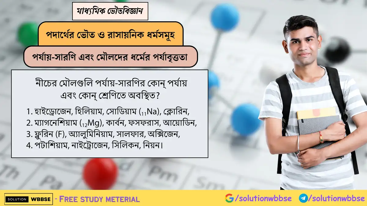 নীচের মৌলগুলি পর্যায়-সারণির কোন্ পর্যায় ও শ্রেণিতে অবস্থিত? (H, He, Na, Cl, Mg, C, P, I, F, Al, S, O, K, N, Si, Ne) 1 পর্যায়-সারণির শ্রেণিতে অবস্থান