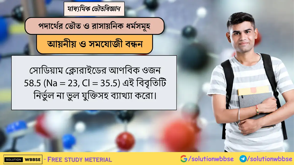 NaCl -এর আণবিক ওজন 58.5 বলা সঠিক না ভুল? যুক্তিসহ ব্যাখ্যা করো। 1 সোডিয়াম ক্লোরাইডের আণবিক ওজন 58.5 (Na = 23, Cl = 35.5) এই বিবৃতিটি নির্ভুল না ভুল যুক্তিসহ ব্যাখ্যা করো।