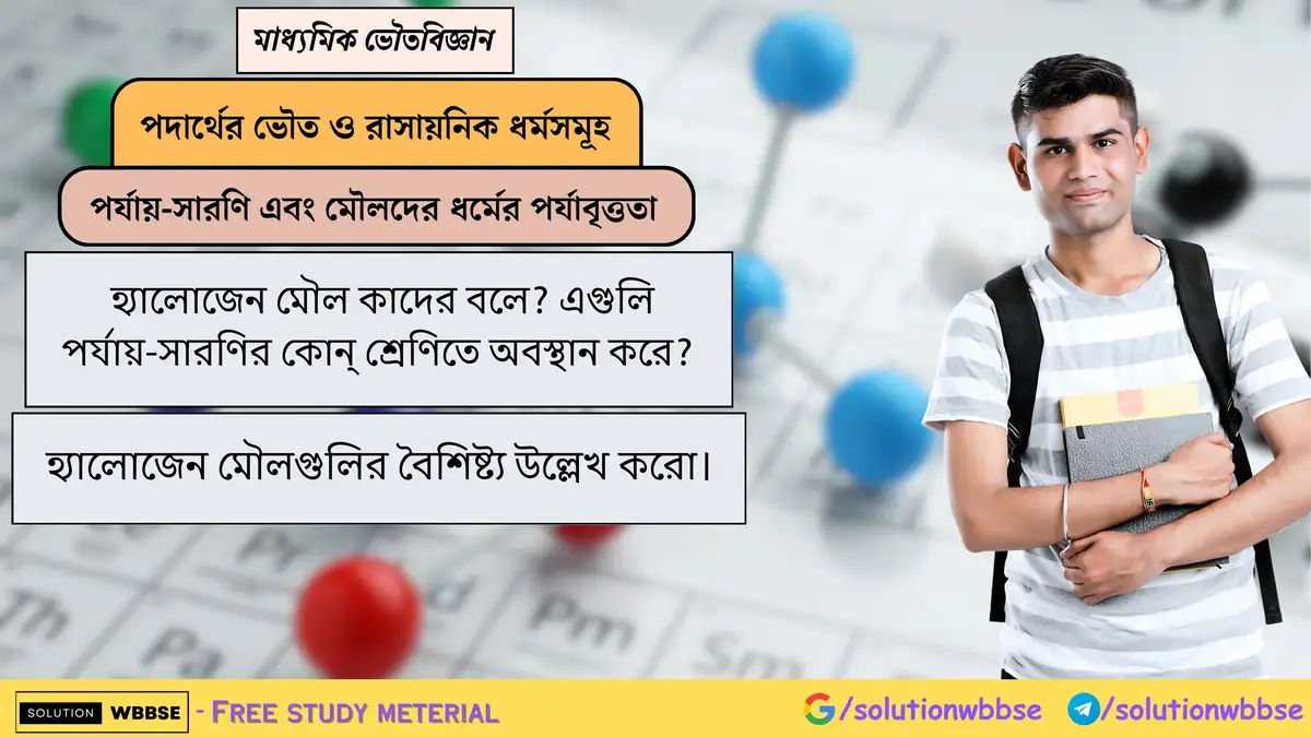হ্যালোজেন মৌল কাদের বলে? এগুলি পর্যায়-সারণির কোন্ শ্রেণিতে অবস্থান করে? হ্যালোজেন মৌলগুলির বৈশিষ্ট্য উল্লেখ করো।