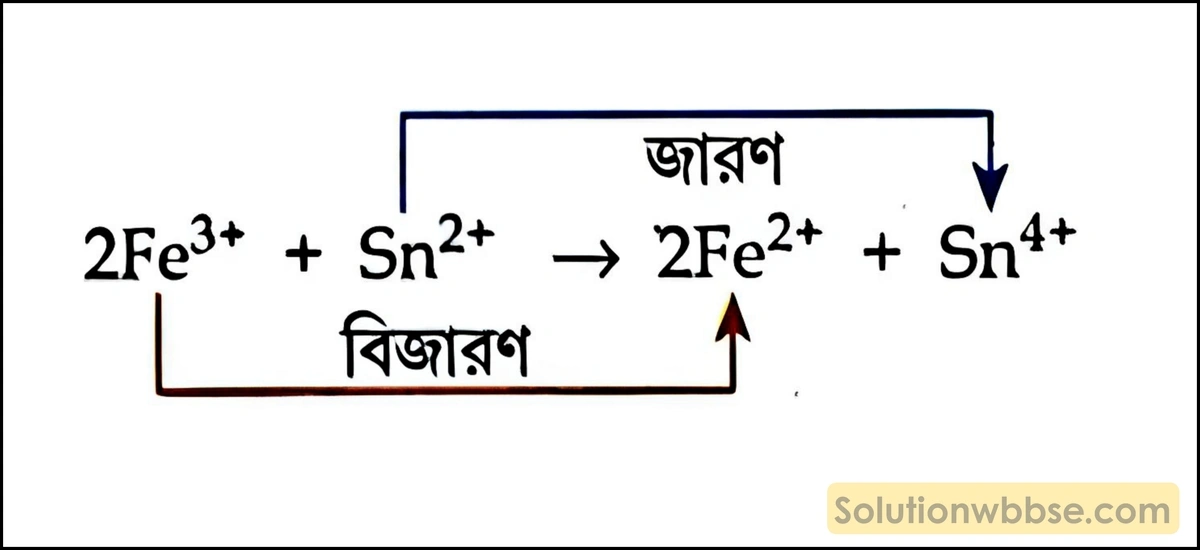 জারণ-বিজারণের ইলেকট্রনীয় তত্ত্ব অনুসারে দেখাও বিক্রিয়ায় জারণ-বিজারণ একই সঙ্গে ঘটে - 2Fe³⁺ + Sn²⁺ → 2Fe²⁺ + Sn⁴⁺ 2 জারণ-বিজারণের ইলেকট্রনীয় তত্ত্ব অনুসারে দেখাও যে নীচের বিক্রিয়ায় জারণ-বিজারণ একই সঙ্গে ঘটে। 2Fe³⁺ + Sn²⁺ → 2Fe²⁺ + Sn⁴⁺