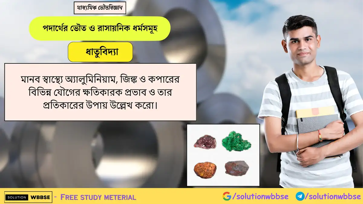 মানব স্বাস্থ্যে অ্যালুমিনিয়াম, জিঙ্ক ও কপার যৌগের ক্ষতিকর প্রভাব ও প্রতিকার উল্লেখ করো। 1 মানব স্বাস্থ্যে অ্যালুমিনিয়াম, জিঙ্ক ও কপারের বিভিন্ন যৌগের ক্ষতিকারক প্রভাব ও তার প্রতিকারের উপায় উল্লেখ করো।