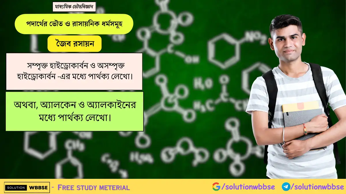 সম্পৃক্ত হাইড্রোকার্বন ও অসম্পৃক্ত হাইড্রোকার্বন -এর মধ্যে পার্থক্য লেখো। 1 সম্পৃক্ত হাইড্রোকার্বন ও অসম্পৃক্ত হাইড্রোকার্বন -এর মধ্যে পার্থক্য লেখো। অথবা, অ্যালকেন ও অ্যালকাইনের মধ্যে পার্থক্য লেখো।