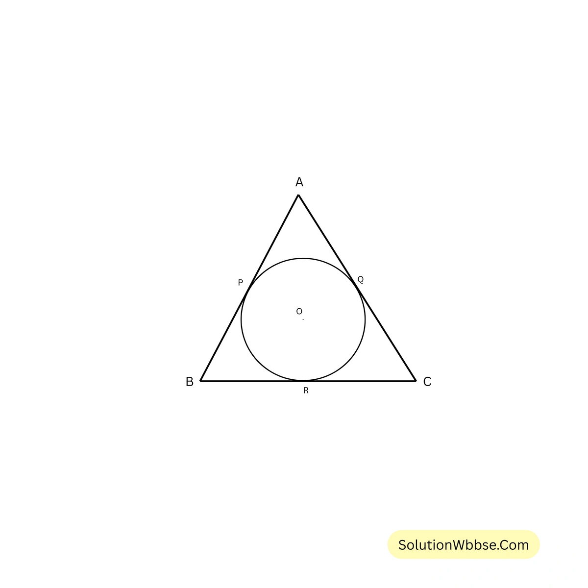 82. পাশের চিত্রে \( \triangle ABC \) ত্রিভুজটি একটি বৃত্তে পরিলিখিত এবং বৃত্তকে \( P, Q, R \) বিন্দুতে স্পর্শ করে। যদি \( AP = 4 \) সেমি, \( BP = 6 \) সেমি, \( AC = 12 \) সেমি, এবং \( BC = x \) সেমি হয়। তাহলে \( x \) এর মান নির্ণয় করো।