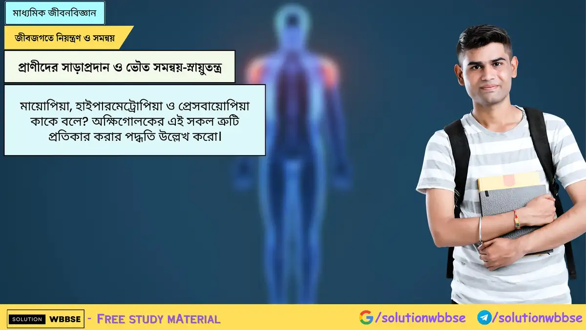 মায়োপিয়া, হাইপারমেট্রোপিয়া ও প্রেসবায়োপিয়া কাকে বলে? অক্ষিগোলকের এই সকল ত্রুটি প্রতিকার করার পদ্ধতি উল্লেখ করো।