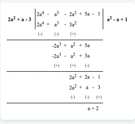 অষ্টম শ্রেণী গণিত – বীজগাণিতিক সংখ্যামালার গুন ও ভাগ – কষে দেখি – 4.2 7 (2a4 –a3 -2a2 +5a-1) কে (2a2 +a-3) দিয়ে