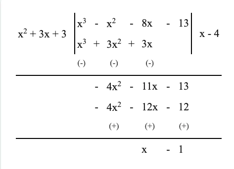 অষ্টম শ্রেণী গণিত – বীজগাণিতিক সংখ্যামালার গুন ও ভাগ – কষে দেখি – 4.2 12 (x3 –x2 -8x-13) ÷ (x2+3x+3)