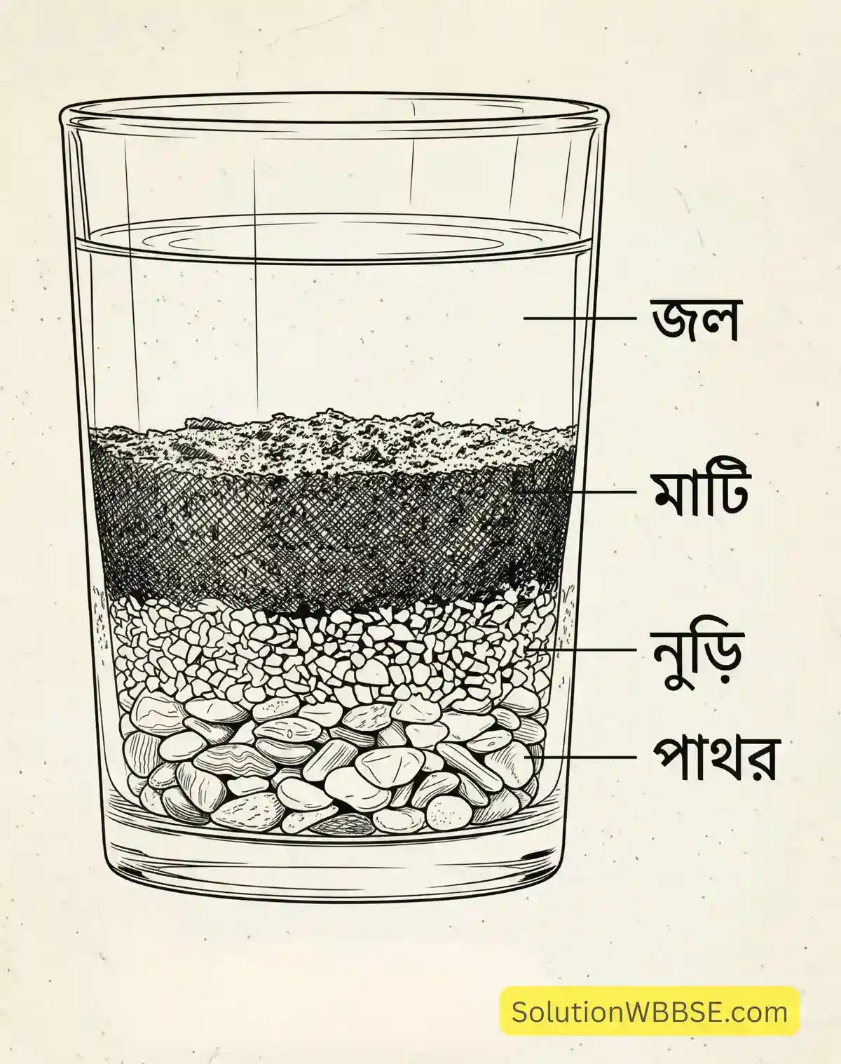 অষ্টম শ্রেণির ভূগোল: পৃথিবীর অন্দরমহল (প্রথম অধ্যায়) – ব্যাখ্যামূলক প্রশ্ন ও উত্তর 5 গ্লাসে অর্ধেক ভর্তি জলের মধ্যে নুড়ি, পাথর, মাটি