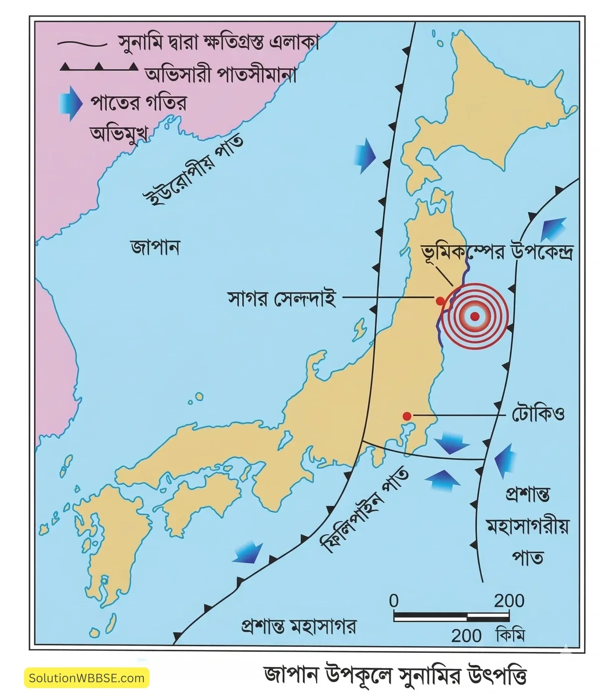 অষ্টম শ্রেণি ভূগোল - অস্থিত পৃথিবী - ভূমিকম্প - টীকা 2 জাপান উপকূলে সুনামির উৎপত্তি