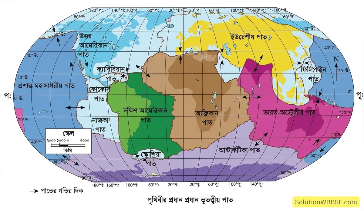 অষ্টম শ্রেণির ভূগোল - দ্বিতীয় অধ্যায়: পাতসংস্থান তত্ত্ব - অস্থিত পৃথিবী - রচনাধর্মী প্রশ্ন ও উত্তর 1 পৃথিবীর প্রধান প্রধান ভূতত্ত্বীয় পাত